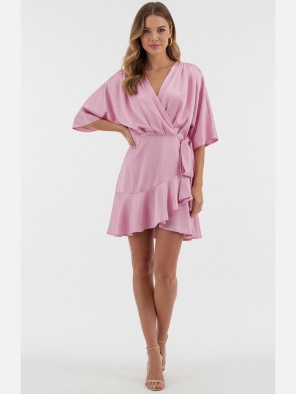 Boutique strut & Bolt Pink Satin Wrap Mini Dress small